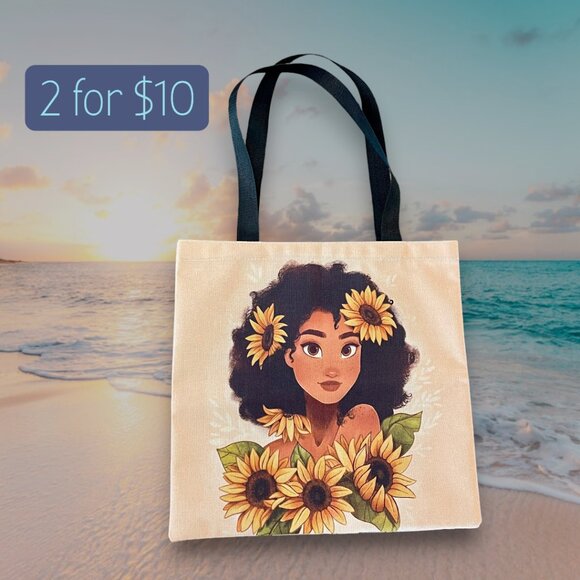 Sweet Hawaiian Girl with Sunflowers Ethnic Fabric Canvas Strap Tote Bag - Picture 1 of 4